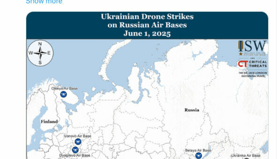 Tankesmia ISW har lagt ut dette kartet som geografisk viser de russiske basene der Ukraina angrep.