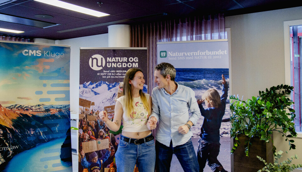 Leder i Natur og Ungdom, Sigrid Hoddevig Losnegård, og leder i Naturvernforbundet, Truls Gulowsen etter at Efta-domstolen ga organisasjonene medhold.