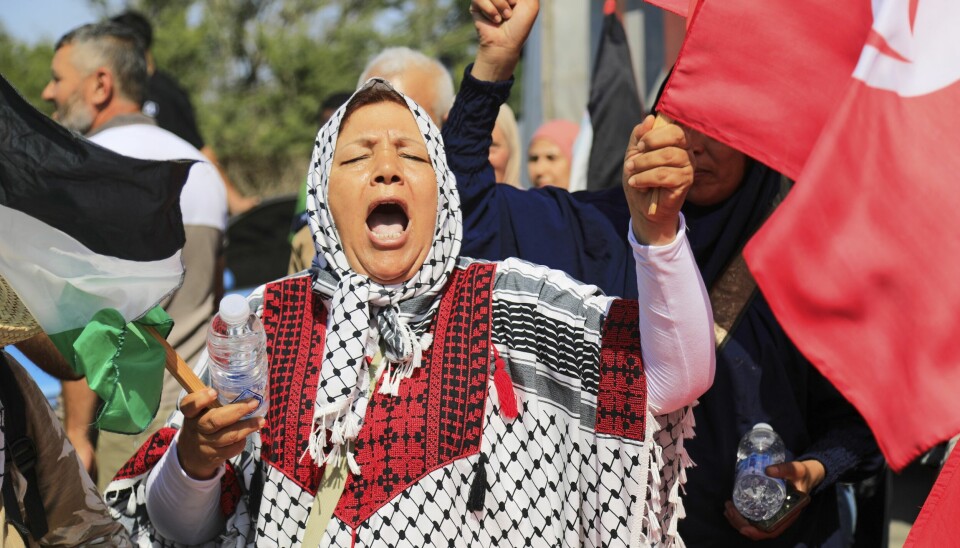Minst 1500 mennesker er på vei til Gaza fra Tunisia. Tirsdag ropte flere av dem Palestina-slagord under et stopp i Zawiya i Libya.