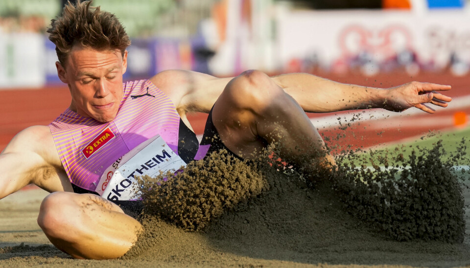 Sander Skotheim skadet seg under lengdehoppene i Bislett Games onsdag.