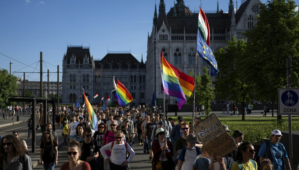 Ungarere marsjerer i sentrum av Budapest torsdag 1. mai i protest mot ny lov som gjør pridearrangementer ulovlig. Arkivfoto: Denes Erdos AP / NTB