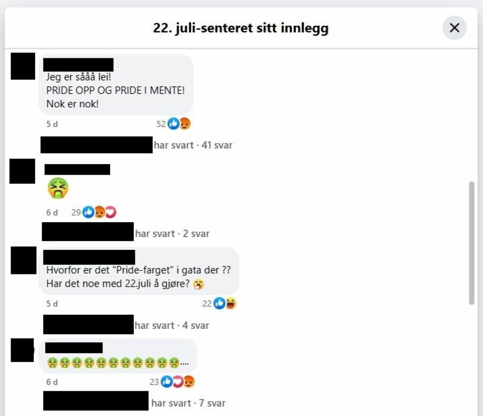 Skjermdump fra kommentarfelt under et innlegg om et arrangement om minnested for 25. juni-terroren, delt på 22. juli-senterets Facebook-side.