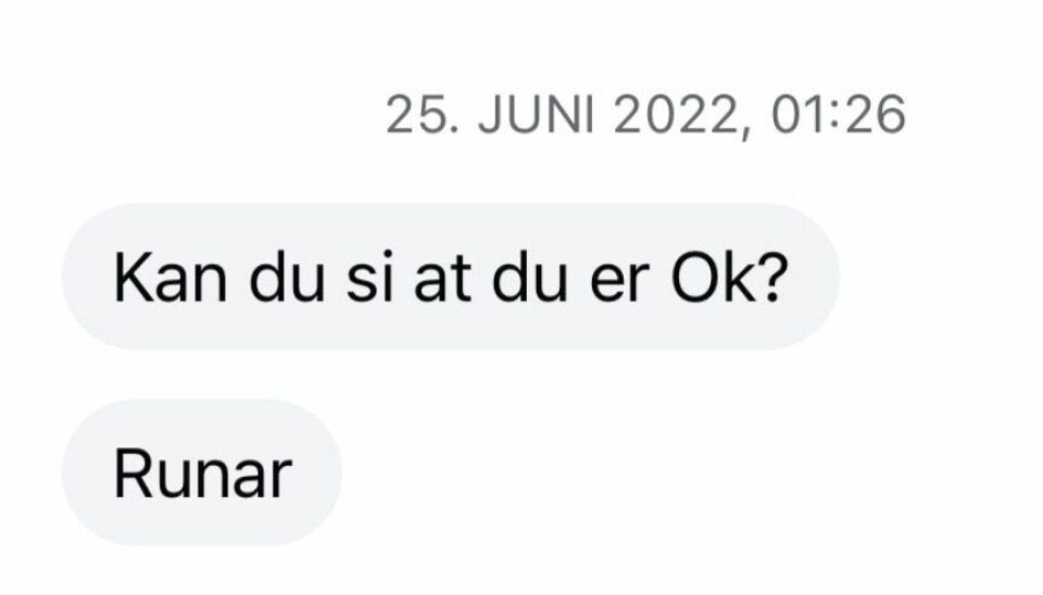 Skjermdump av meldingen Nordli-Olsen mottok fra ei venninne etter det ble meldt om skudd på London Pub.