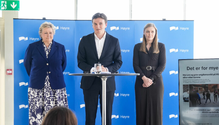 Høyres leder Erna Solberg, nestleder Tina Bru og Unge Høyre-leder Ola Svenneby presenterte nylig partiets nye politikk for norsk skole. Yvonne Håtveit er ikke imponert.