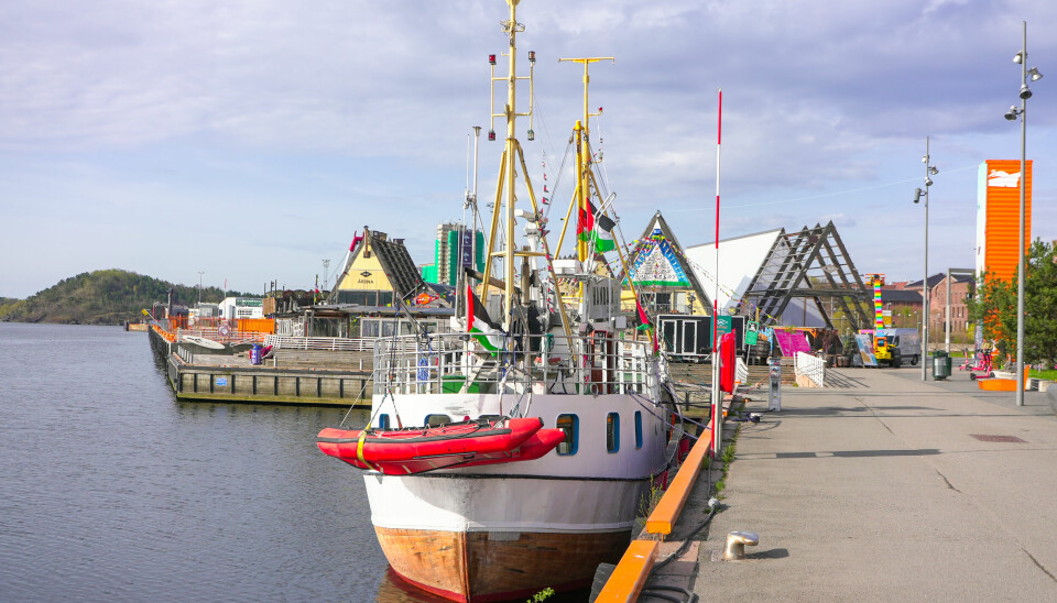 Den tidligere fiskebåten Handala ligger til kai i Oslo tidlig på dagen 1. mai. Båten reiste innom en rekke europeiske havner på vei mot Gaza.